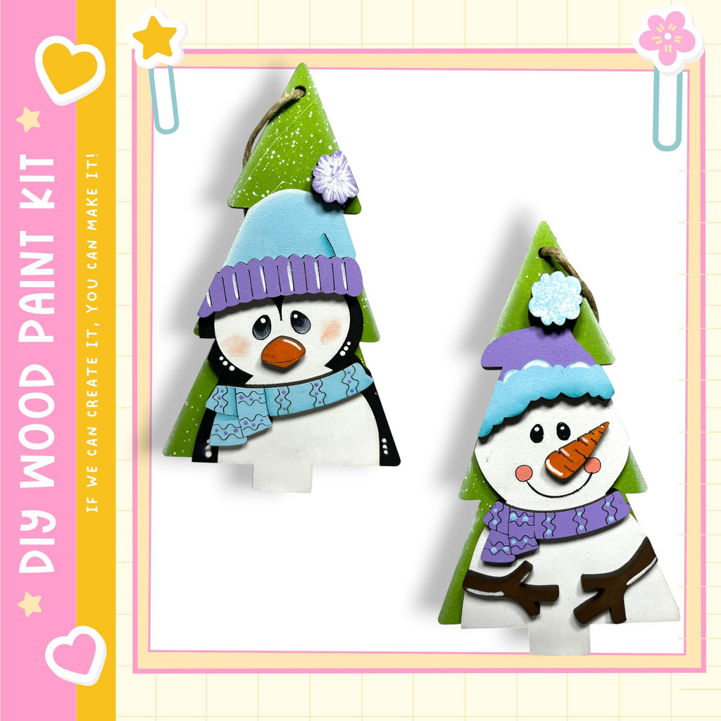 two snowman ornaments, one with a blue scarf and the other with a purple scarf, both wearing winter hats and smiling.