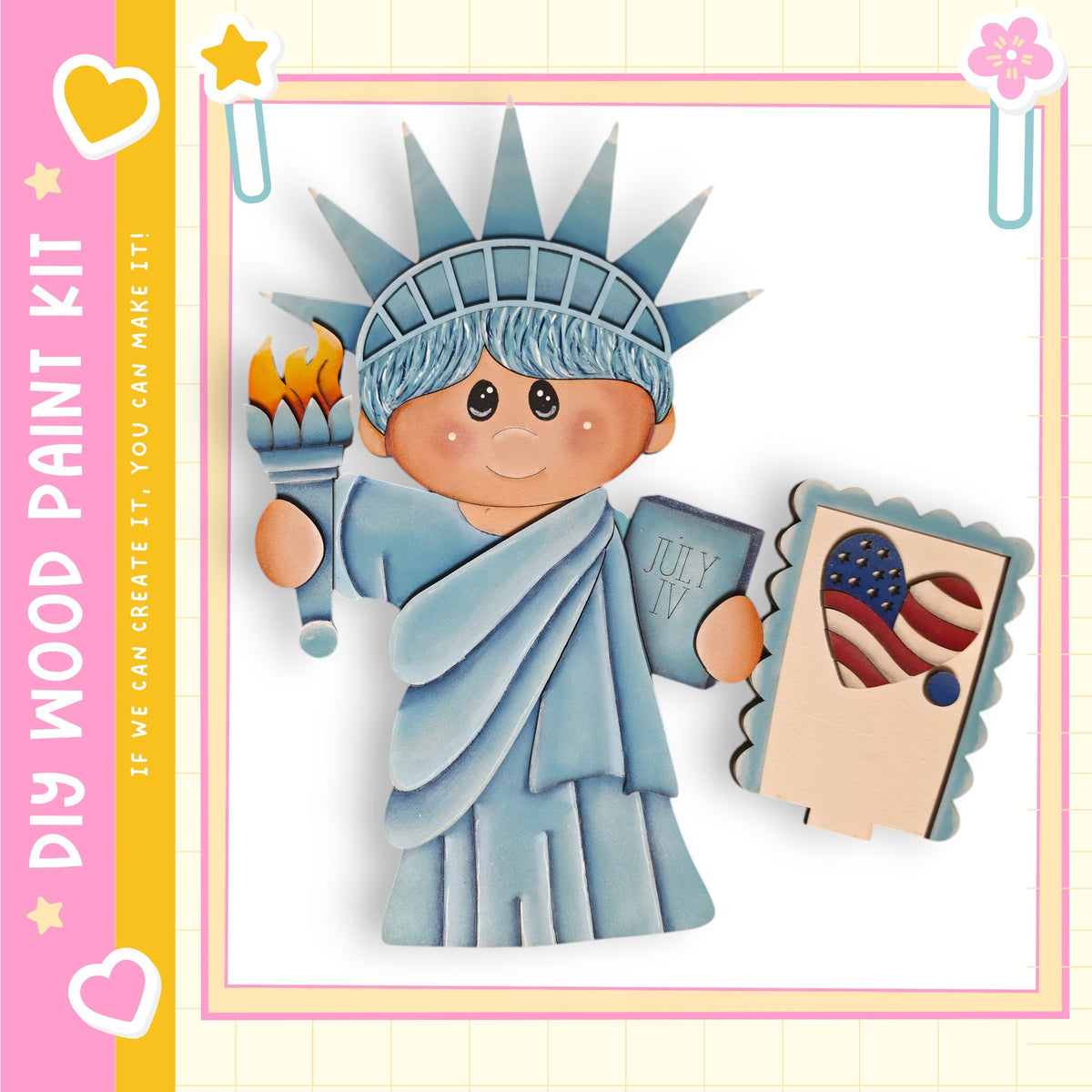 a wooden statue of the Statue of Liberty, with a young boy holding a torch and a small American flag.