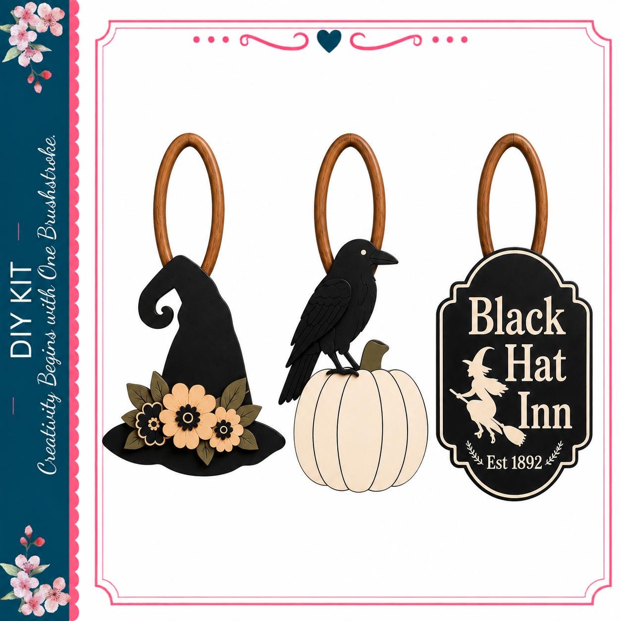 three Halloween-themed items: a witch's hat, a black crow, and a pumpkin with a "Black Hat Inn" sign.