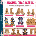 The image is a collage of various wooden character designs, including birds, people, and other whimsical figures. The designs are described as "adorable" and "interchangeable", suggesting they can be easily combined or modified to create new characters. The collage is titled "Hanging Characters" and includes a "DIY Kit" with instructions for creating these characters.