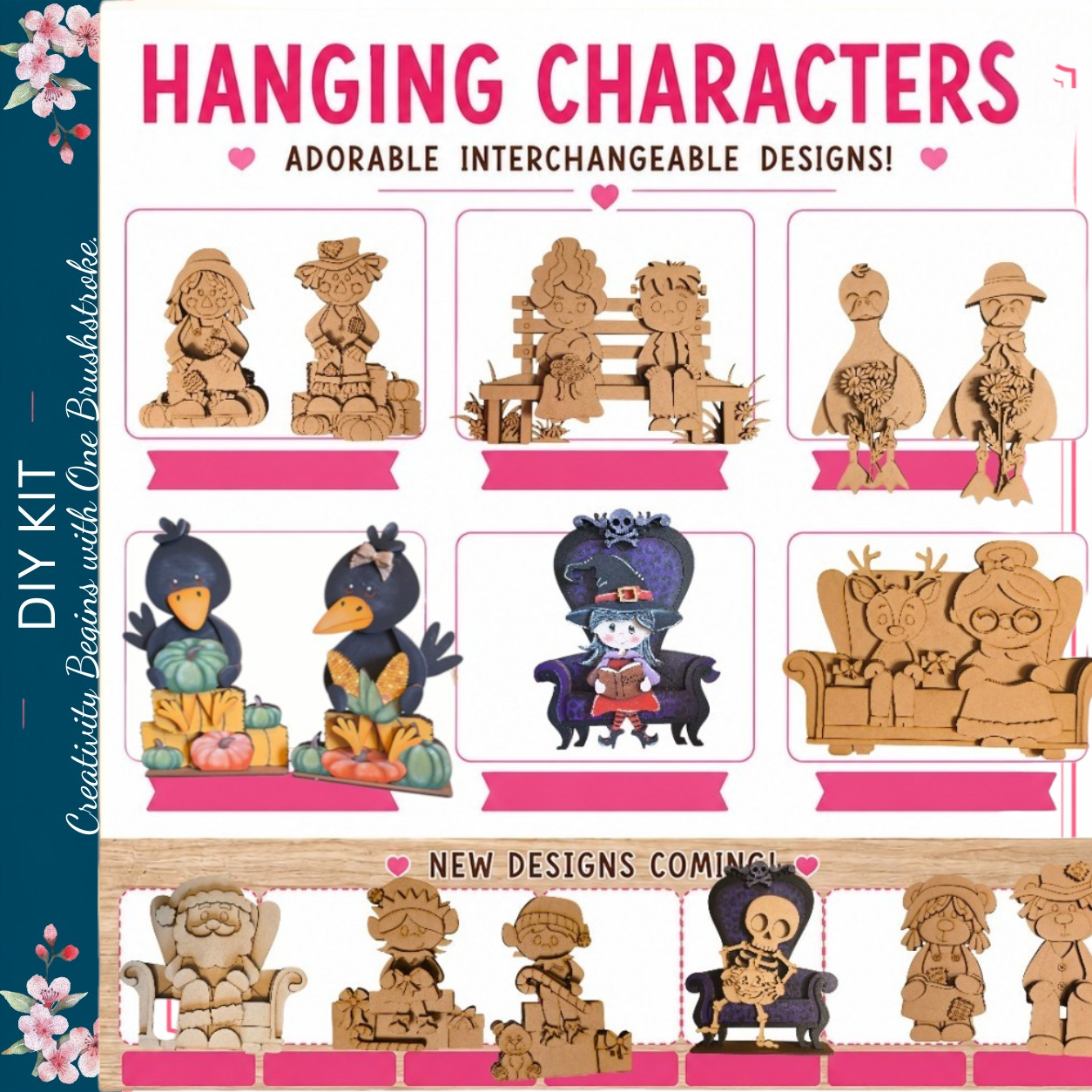 The image is a collage of various wooden character designs, including birds, people, and other whimsical figures. The designs are described as "adorable" and "interchangeable", suggesting they can be easily combined or modified to create new characters. The collage is titled "Hanging Characters" and includes a "DIY Kit" with instructions for creating these characters.