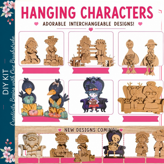 The image is a collage of various wooden character designs, including birds, people, and other whimsical figures. The designs are described as "adorable" and "interchangeable", suggesting they can be easily combined or modified to create new characters. The collage is titled "Hanging Characters" and includes a "DIY Kit" with instructions for creating these characters.