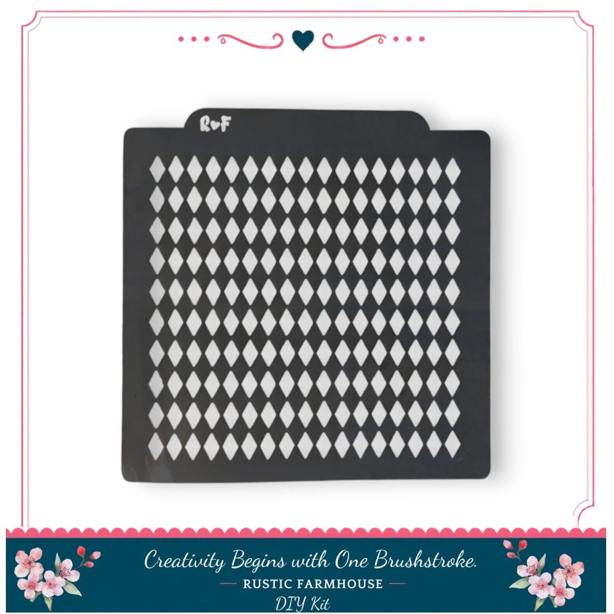 a black stencil with a diamond pattern, placed on a white background.