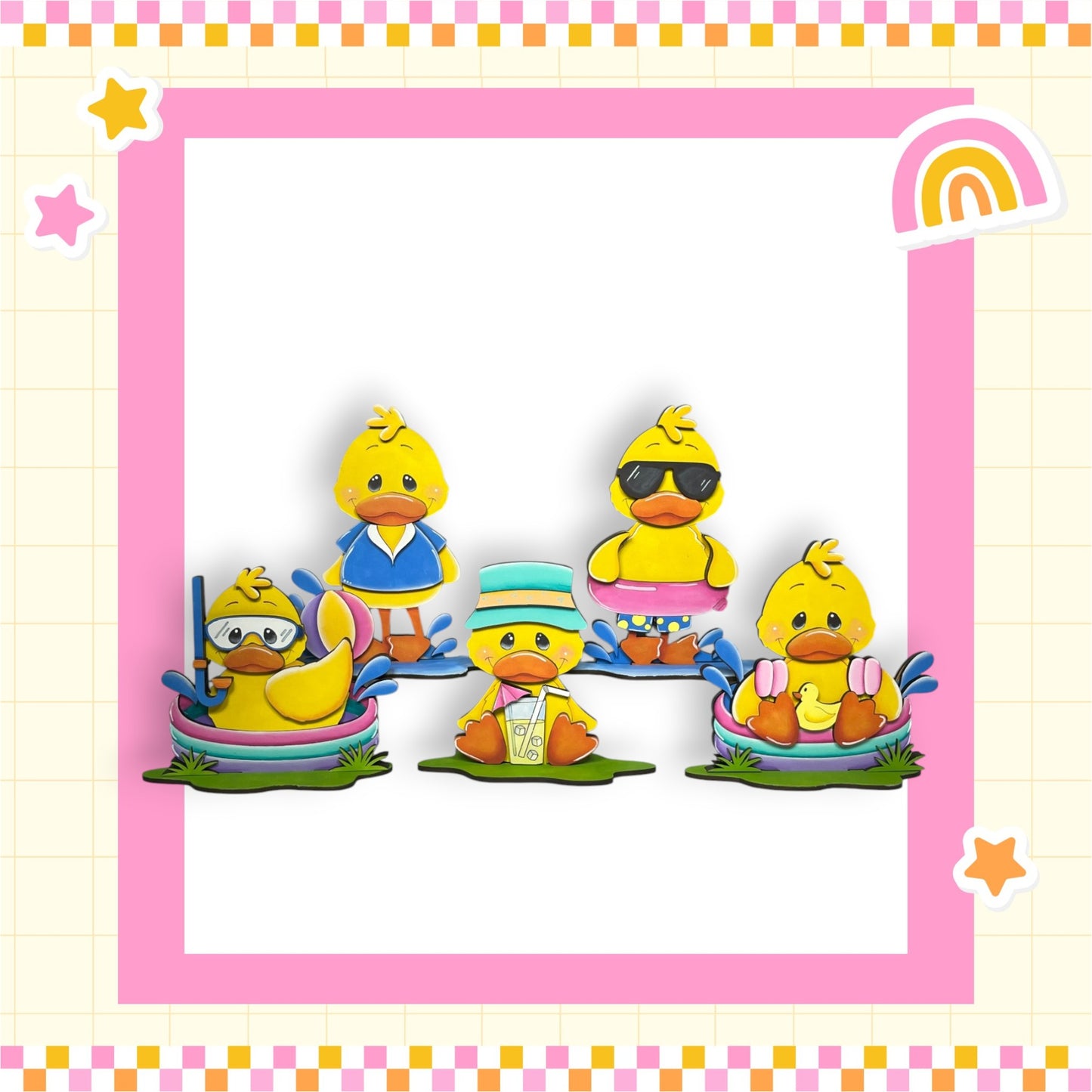 a group of rubber ducks sitting around a table