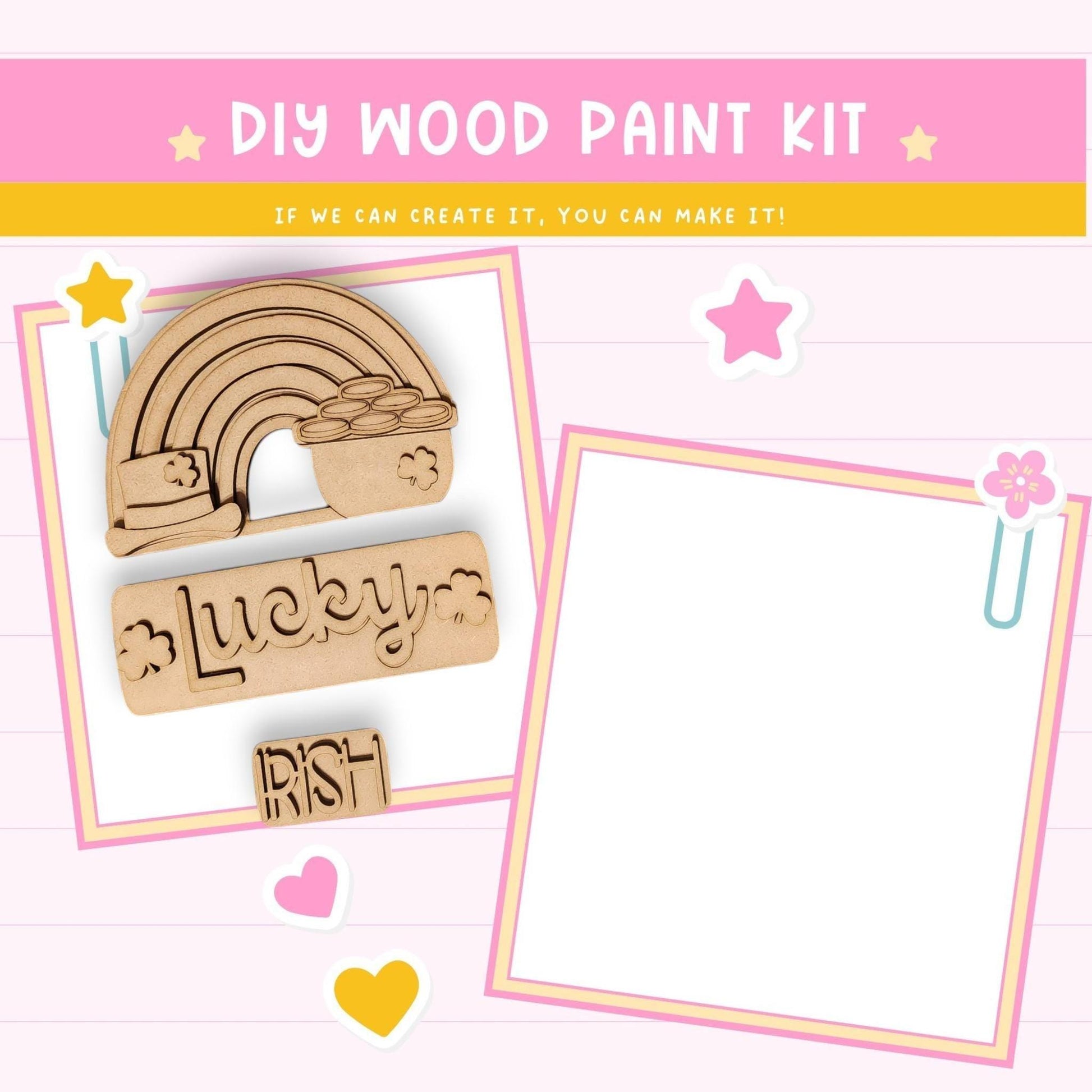 a wooden craft kit with a rainbow and stars