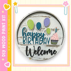The image is a birthday welcome sign with balloons and a cupcake, surrounded by a decorative border.