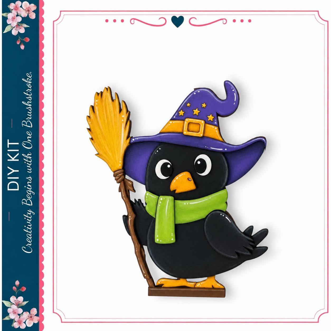 A cartoon illustration of a black bird wearing a purple witch's hat and holding a broom.