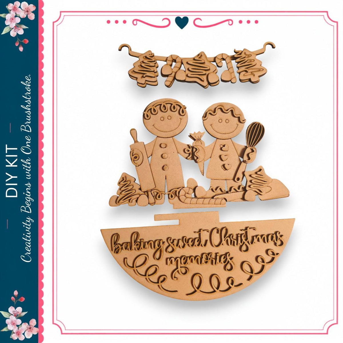 The image is a wooden craft depicting two smiling figures, likely representing a couple, with various baking-related items such as a cookie sheet, a cake, and a whisk. The craft is set against a white background and includes text that reads "DIY KIT" and "baking memories".