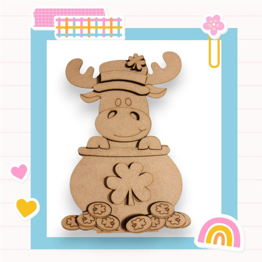 a wooden cutout of a moose wearing a hat