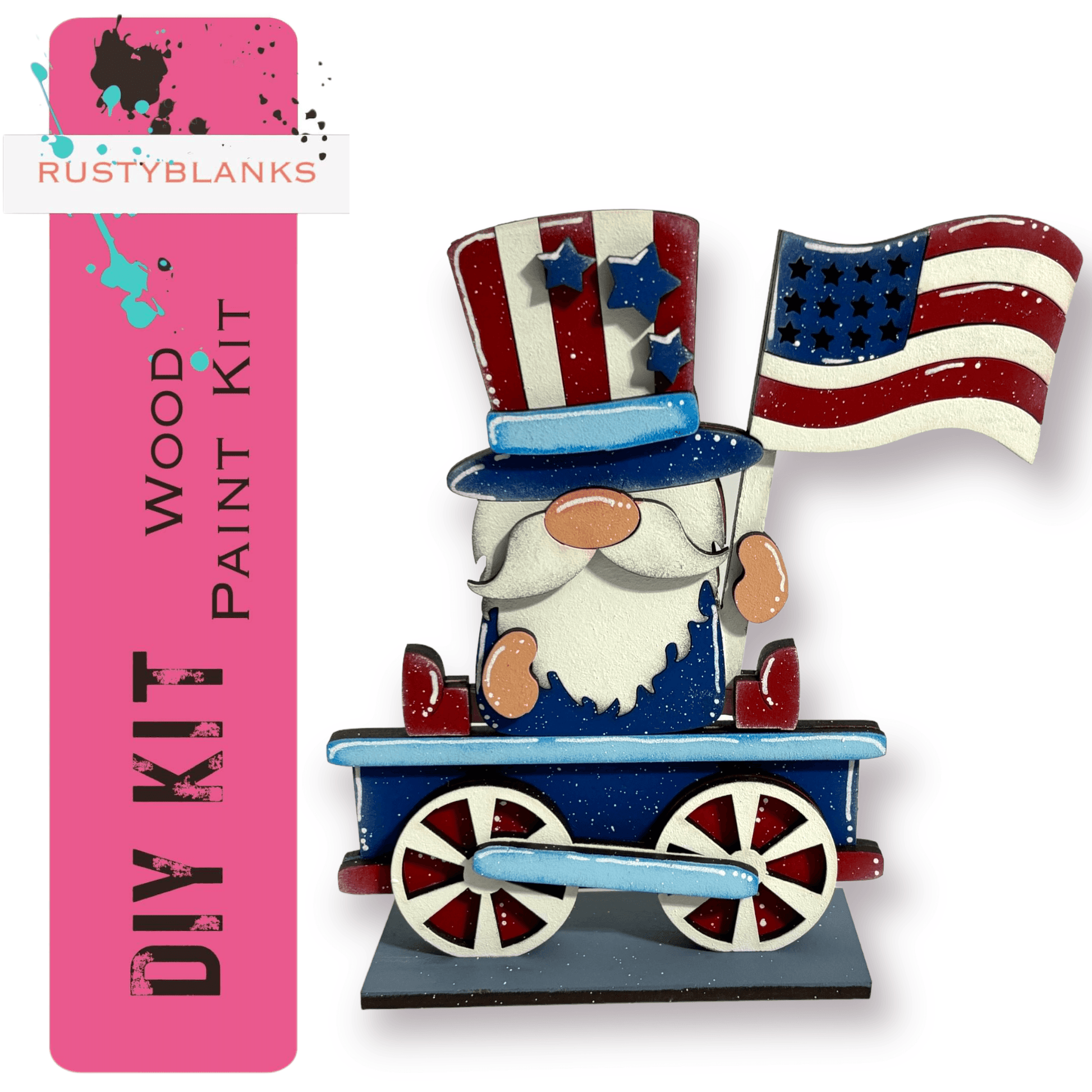 a wooden toy train with an american flag on it