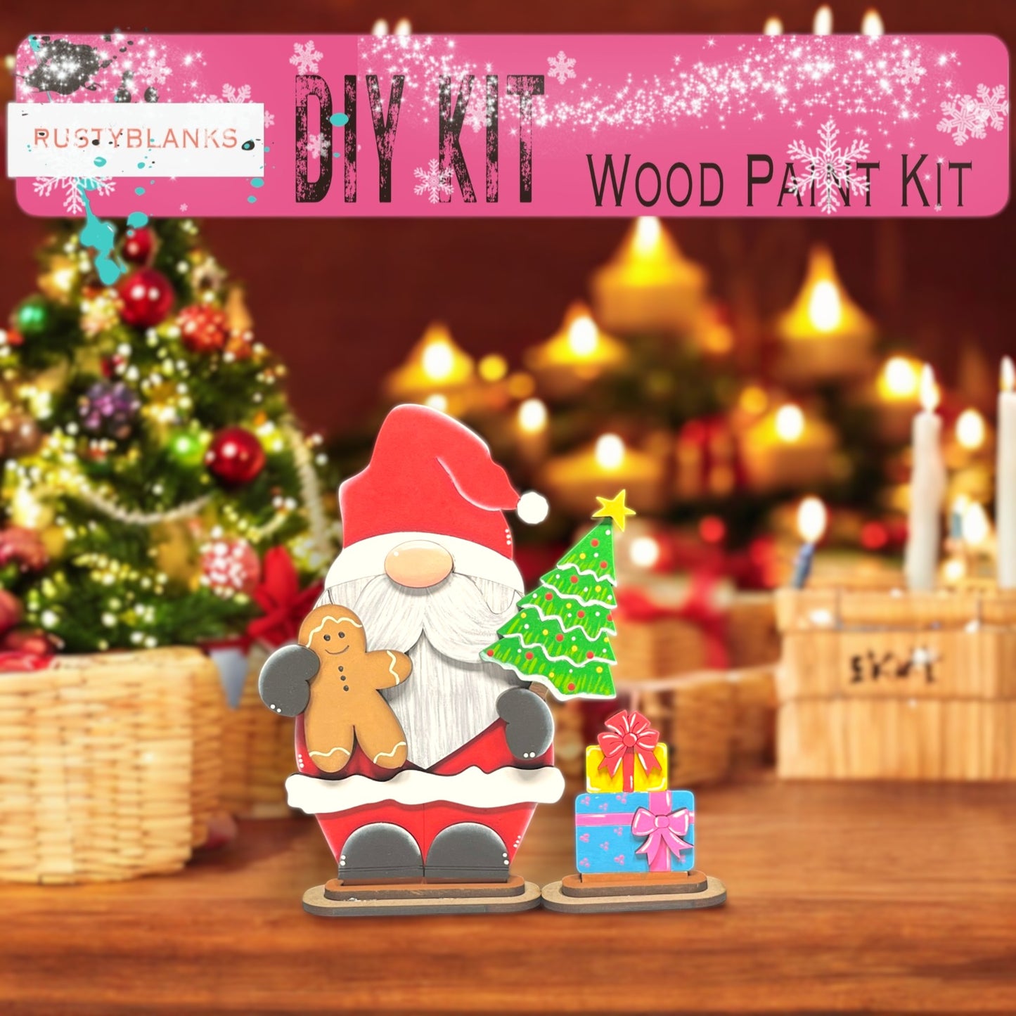 a wooden kit with a santa clause and a christmas tree