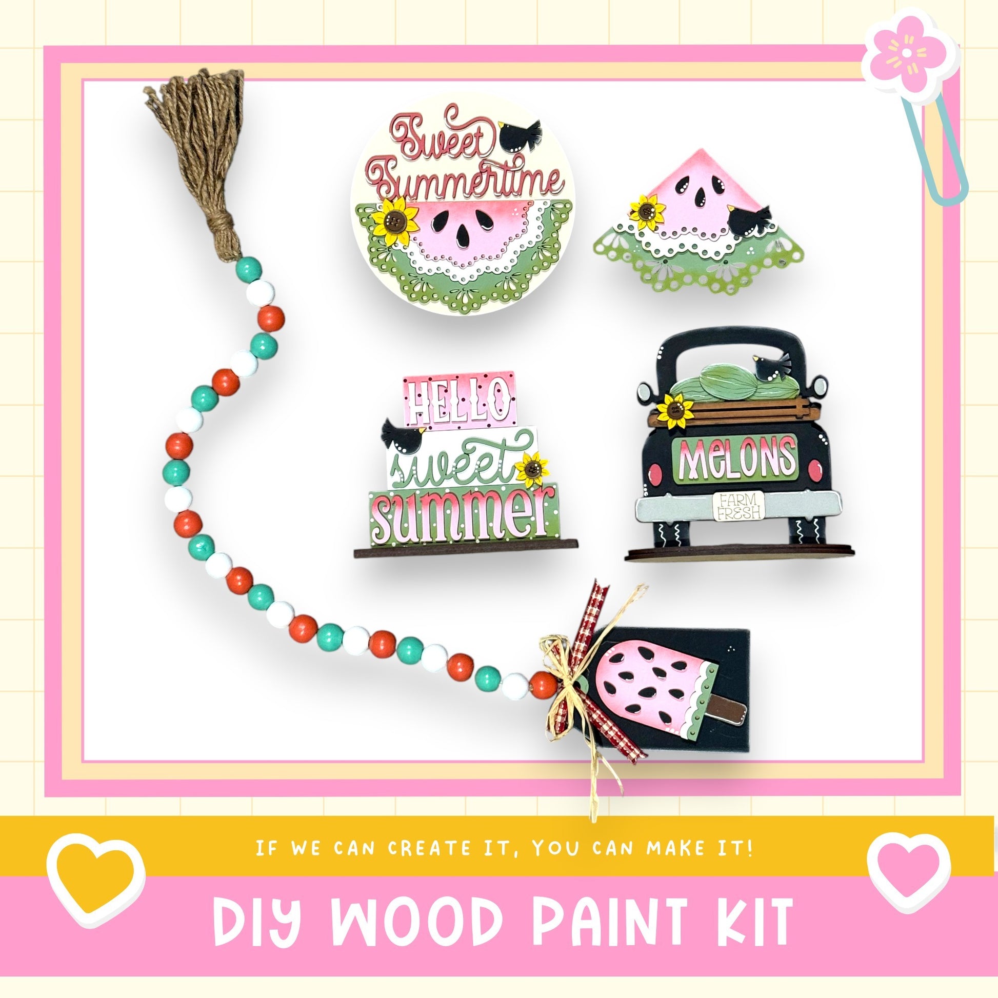 The image is a DIY wood paint kit featuring various summer-themed items such as a watermelon, a truck, and a popsicle.