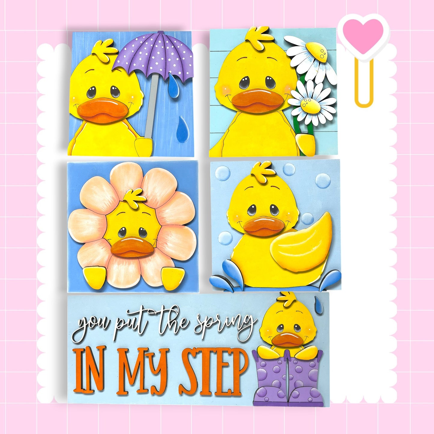 The image is a collage of four images depicting yellow duck characters in various spring-related activities, such as holding an umbrella, holding a flower, and holding a banana. The text "you put the spring in my step" is displayed below the images.