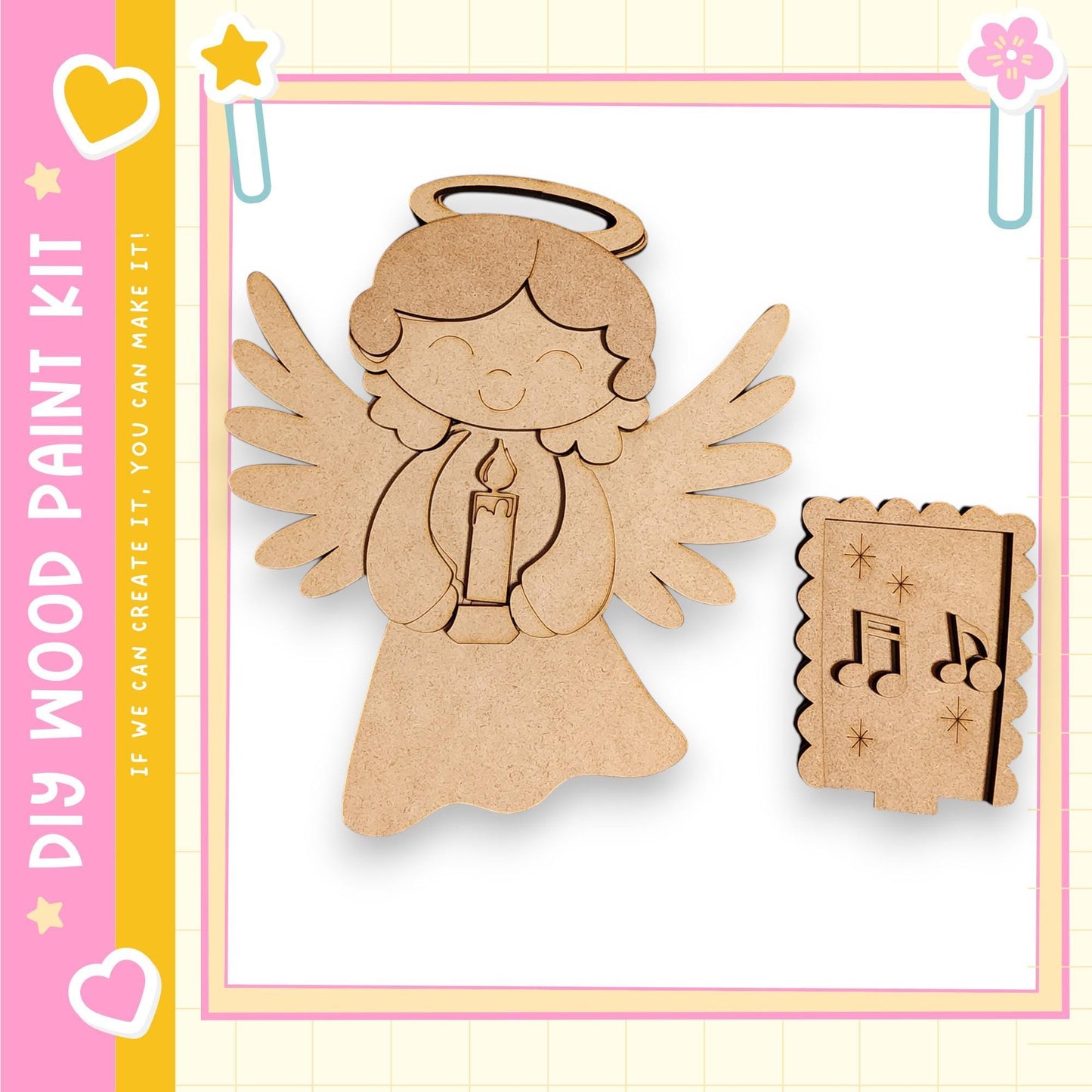 A wooden angel figure holding a candle and a musical note-shaped ornament, both of which appear to be part of a DIY paint kit.