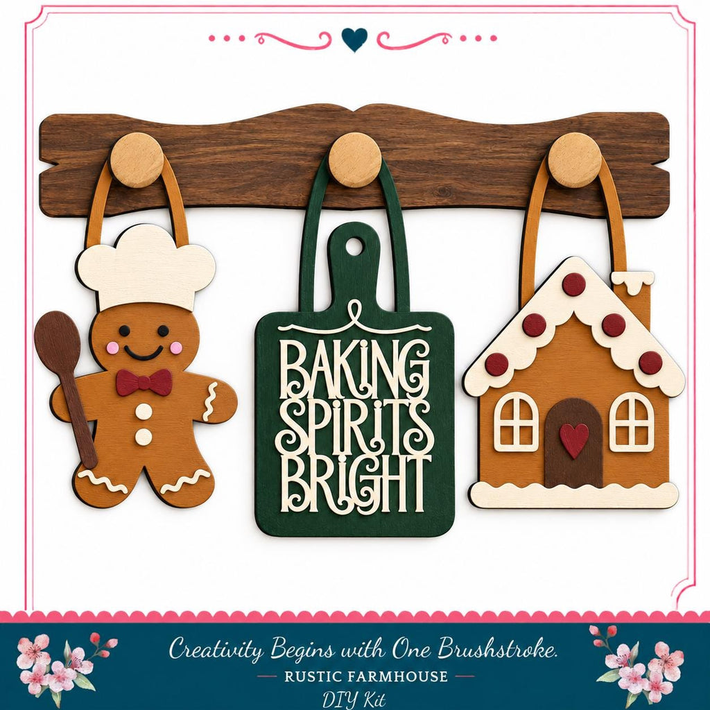 a rustic farmhouse-style kitchen scene with a gingerbread man, a green cutting board, and a gingerbread house.