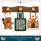 a rustic farmhouse-style kitchen scene with a gingerbread man, a green cutting board, and a gingerbread house.