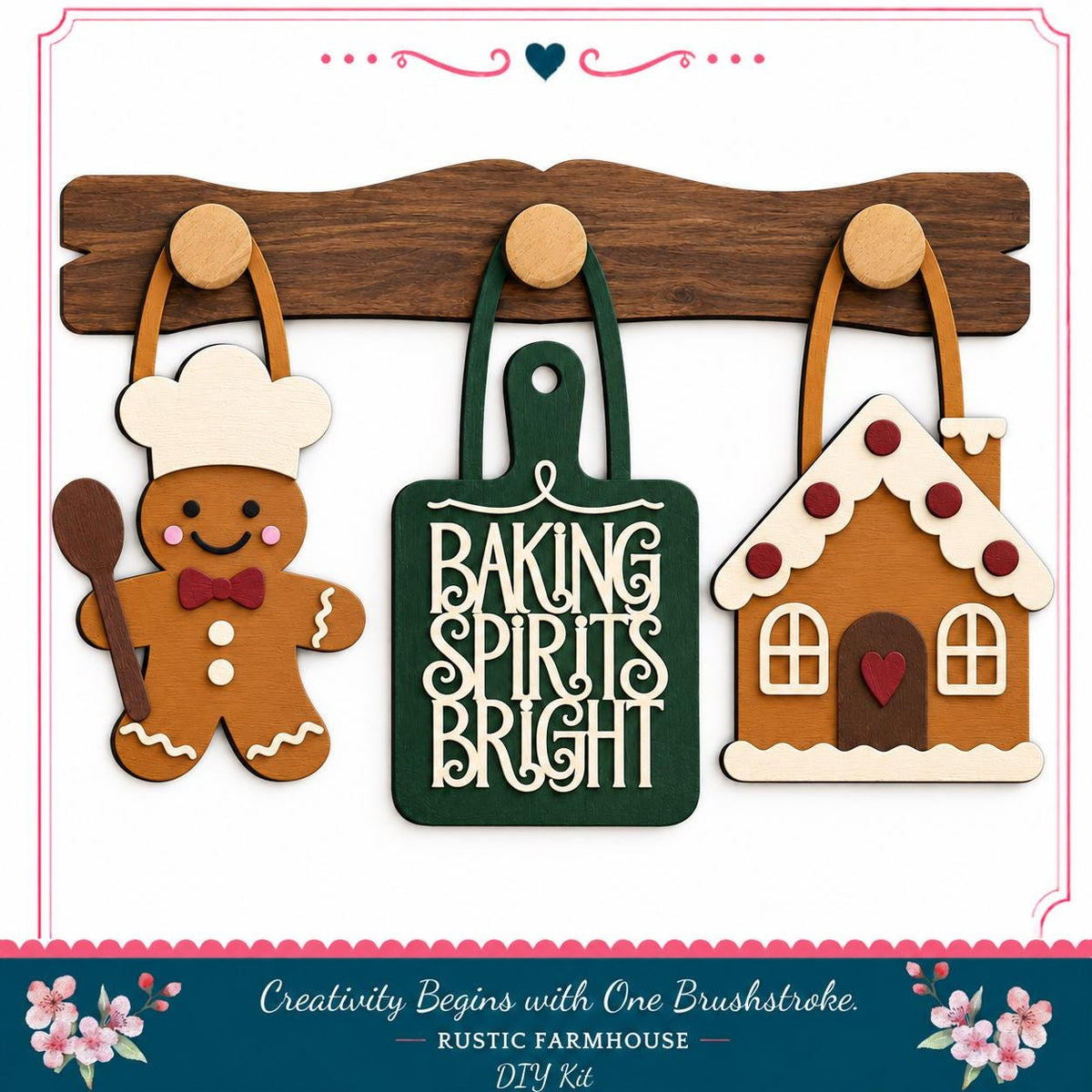 a rustic farmhouse-style kitchen scene with a gingerbread man, a green cutting board, and a gingerbread house.