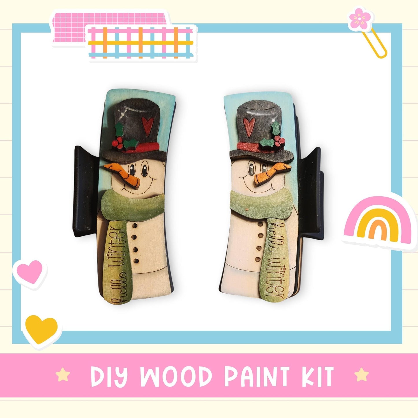 a DIY wood paint kit for creating wooden snowmen, with two snowman cutouts displayed side by side.