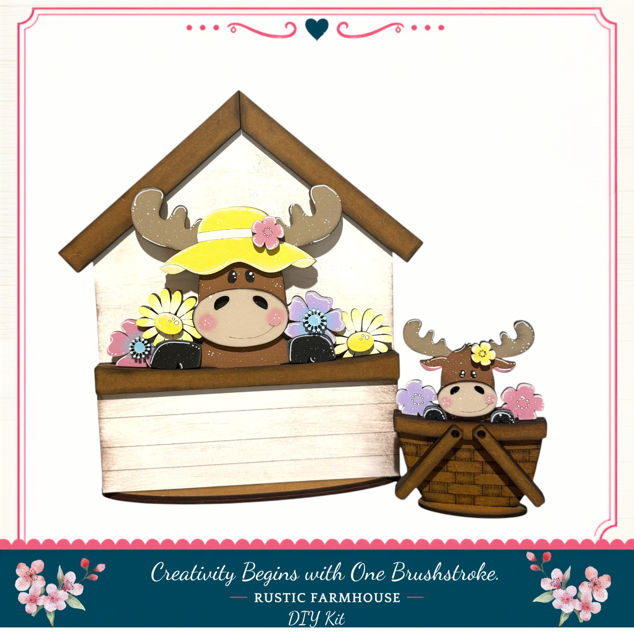 A wooden house with a moose and a smaller moose inside, surrounded by flowers.