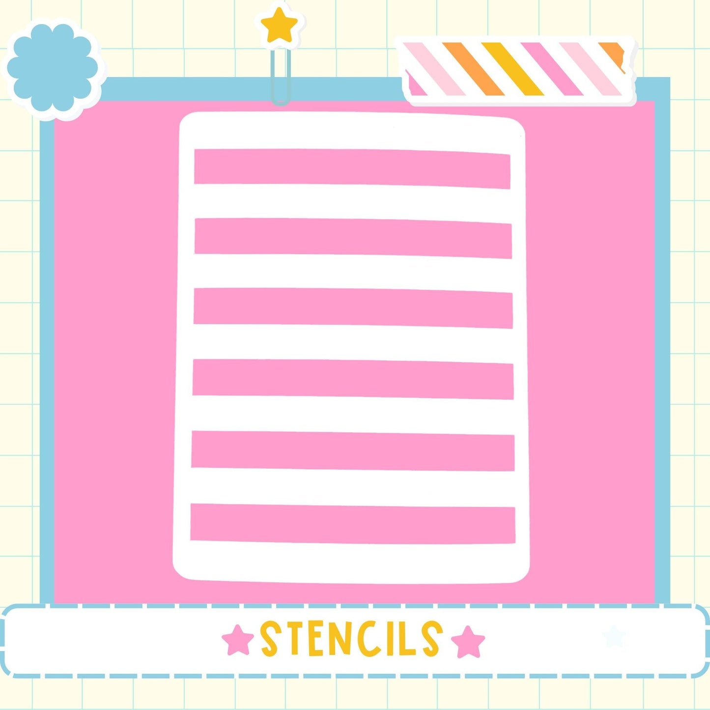 The image is a pink square with a white vertical line pattern, and the word "STENCILS" is written below it.