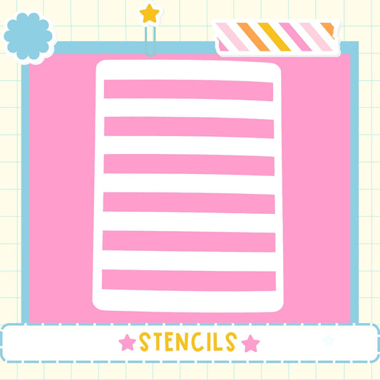 The image is a pink square with a white vertical line pattern, and the word "STENCILS" is written below it.