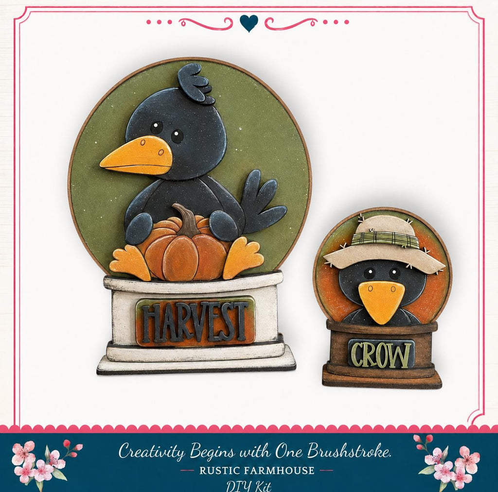 two bird-shaped decorations, one larger and one smaller, both with the word "HARVEST" written on them. The larger bird is sitting on a pumpkin, and the smaller bird is wearing a hat. The decorations are part of a rustic farmhouse-themed kit, as indicated by the text at the bottom of the image.