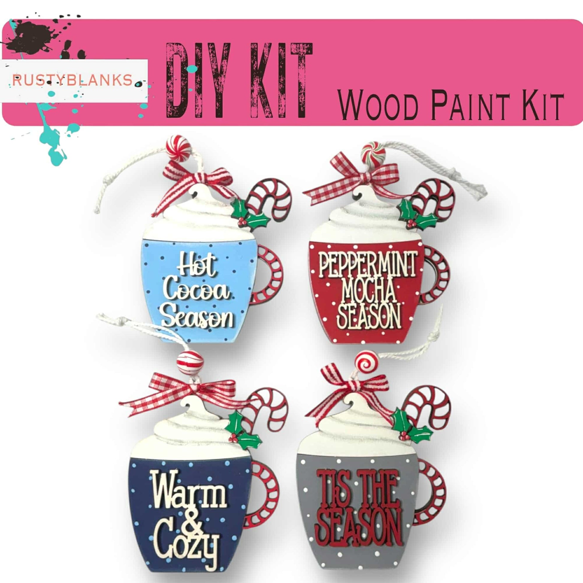 a set of four christmas ornaments with words on them