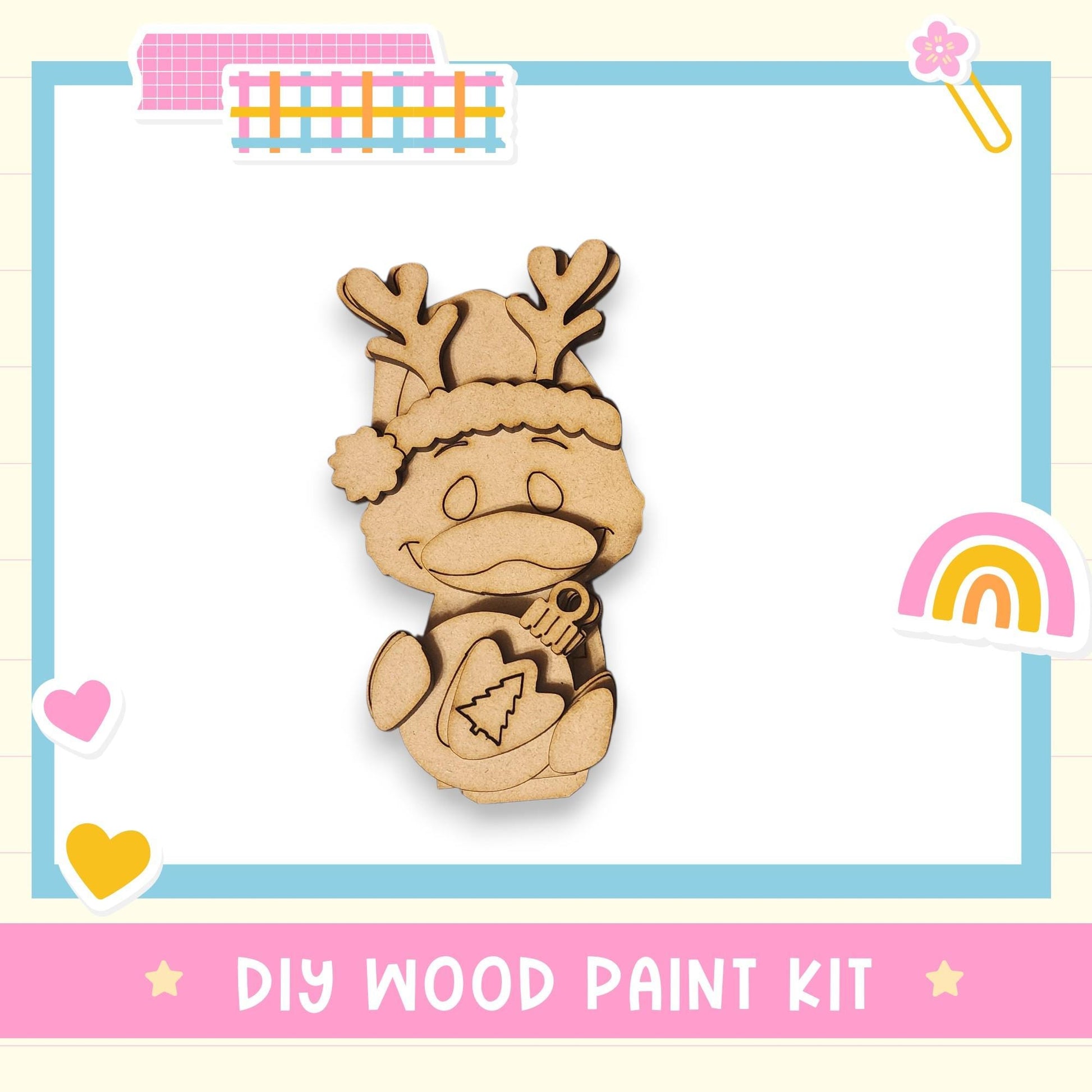 a DIY wood paint kit, including a wooden reindeer figure and a heart-shaped ornament.