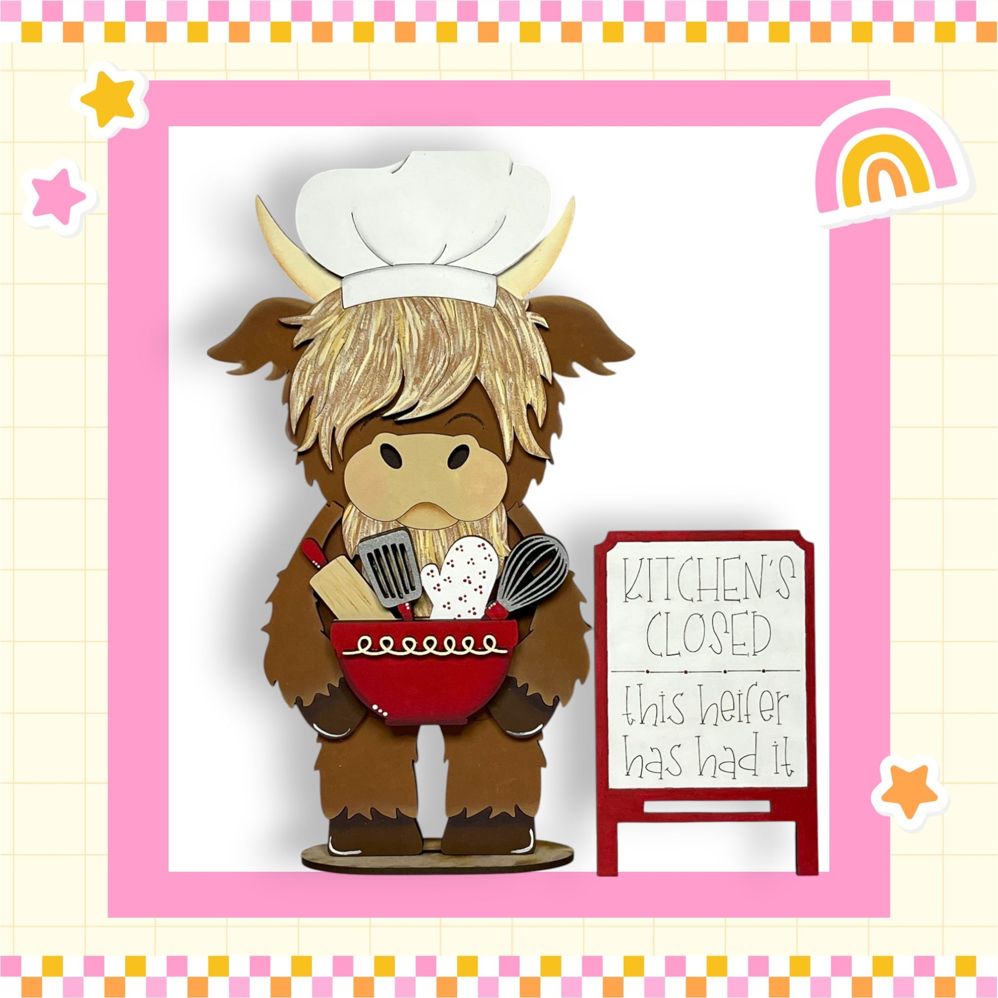 A cartoon cow wearing a chef's hat and holding a red bowl with cooking utensils, standing next to a sign that says "Kitchen's Closed".