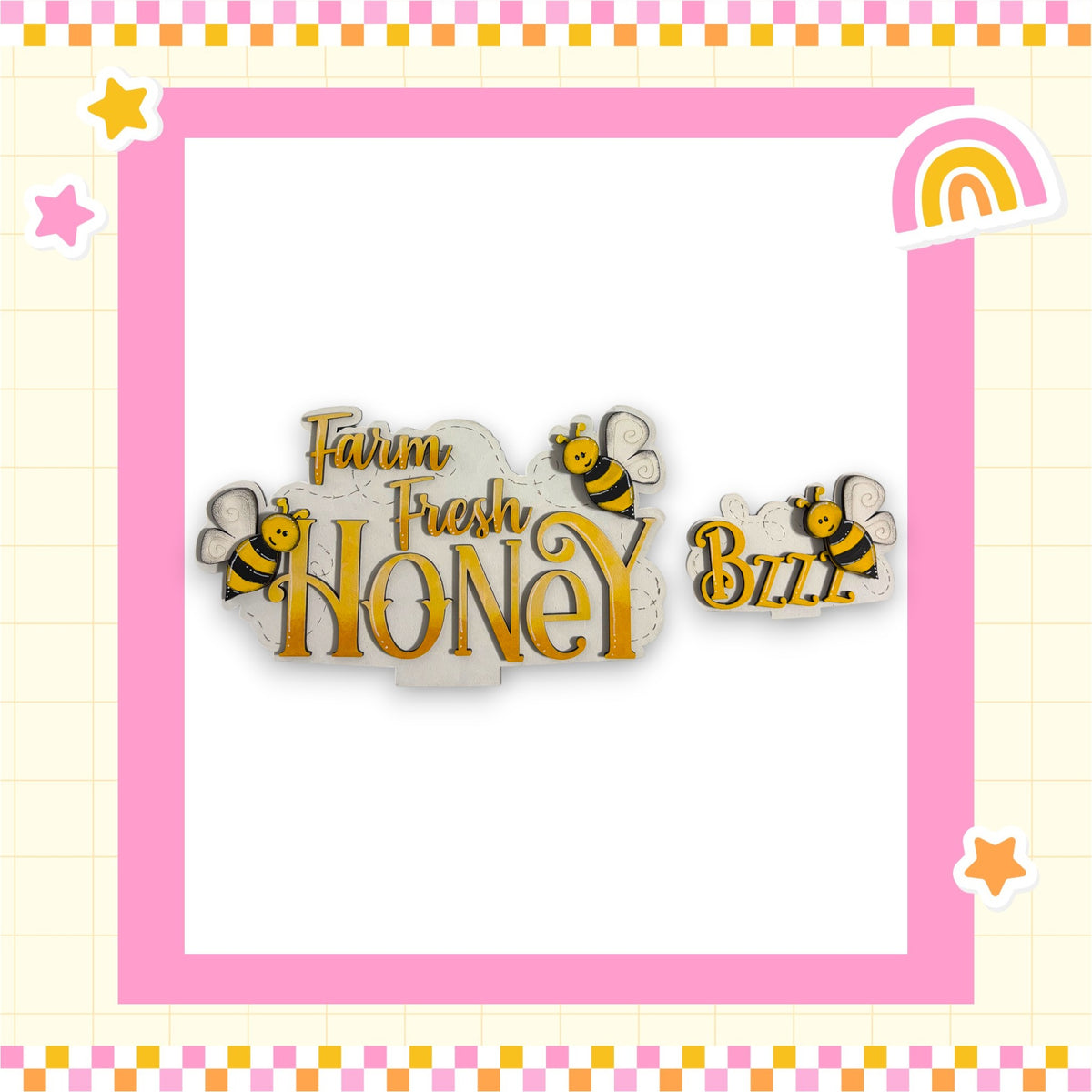 a pink and yellow border with a white background, and the text "Farm Fresh Honey" is displayed in a stylized font.
