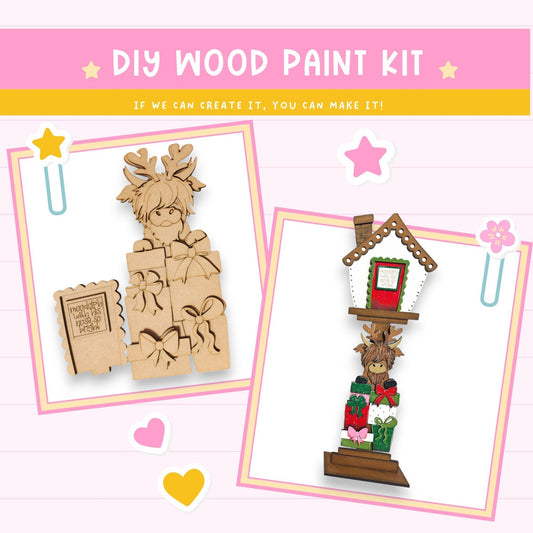 a wooden craft kit featuring a deer and a birdhouse