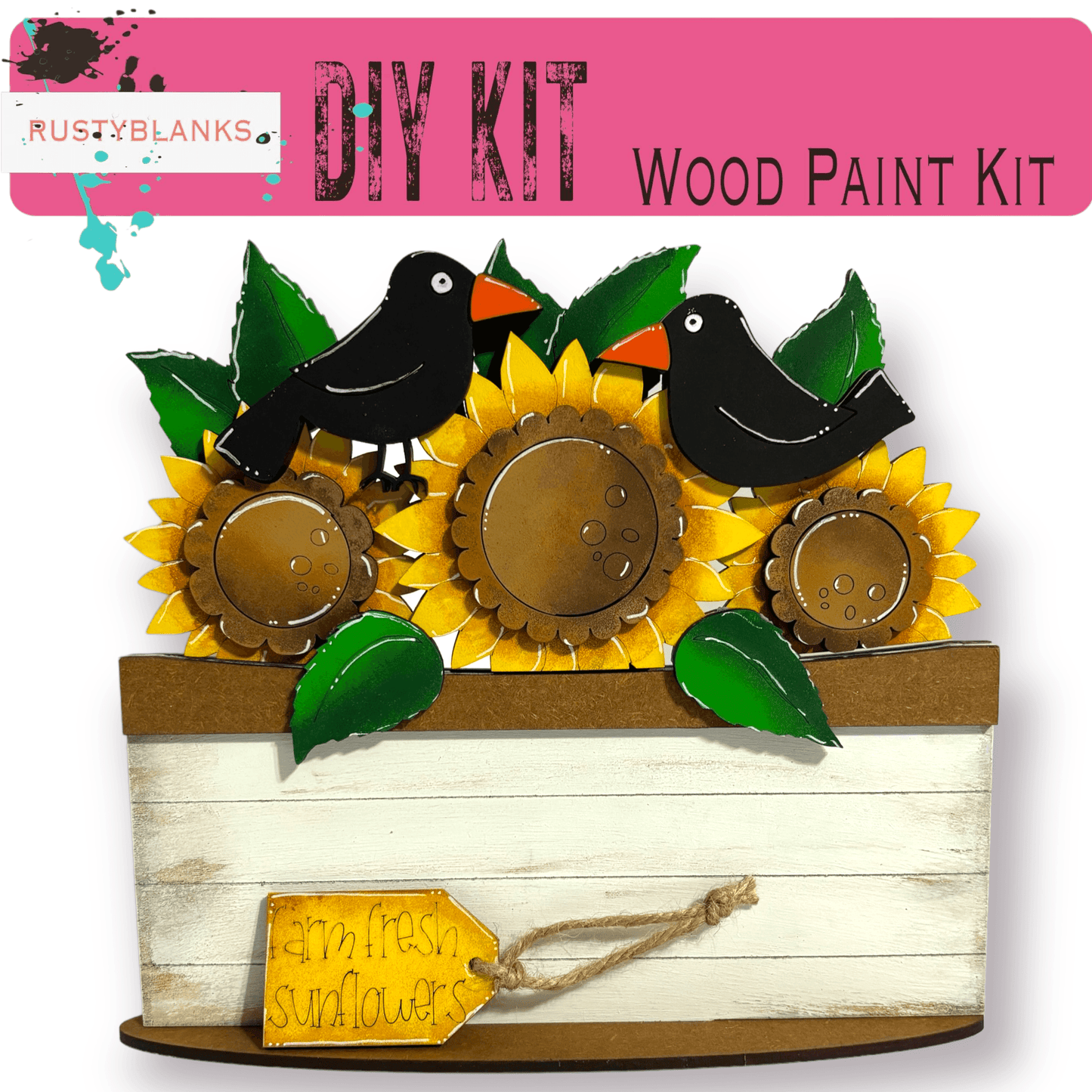 a wooden box with sunflowers and birds on it