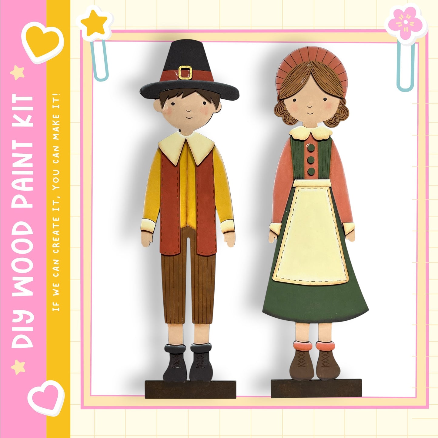 two wooden dolls dressed in traditional colonial-era clothing, including a boy's outfit with a hat and a girl's outfit with a dress and apron.