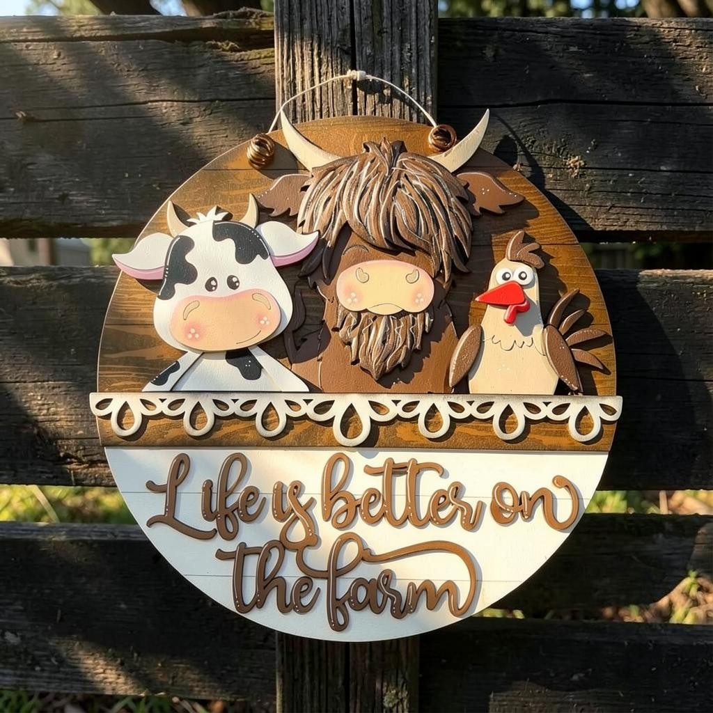 A wooden sign with a cow, chicken, and rooster on it, along with the text "Life is better on the farm".