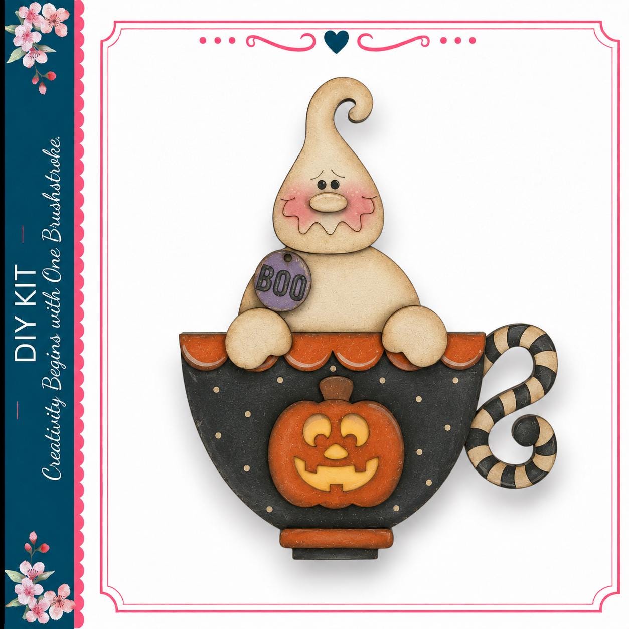 A Halloween-themed illustration featuring a ghost-like figure sitting inside a teacup decorated with a carved pumpkin and a "BOO" sign.