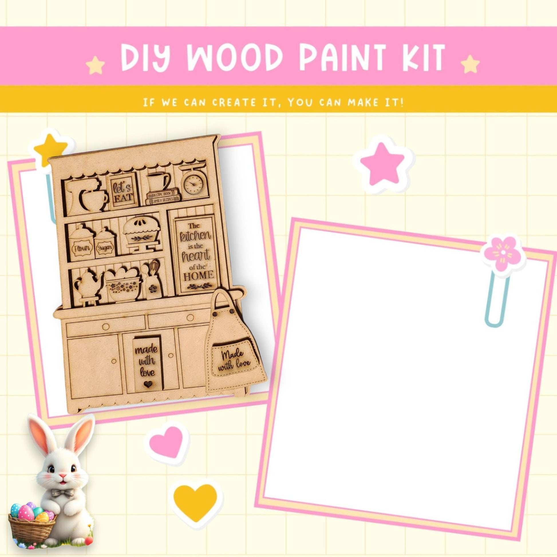 a craft kit with a picture of a cabinet and a bunny