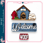 a welcome sign with the phrase "Welcome hope you like dogs" written on it, along with a small dog house and a fire hydrant. The sign is surrounded by a decorative border with pink and blue flowers.