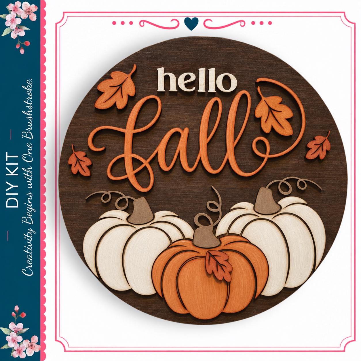 a wooden sign with the text "Hello Fall" and decorative elements such as leaves and pumpkins.
