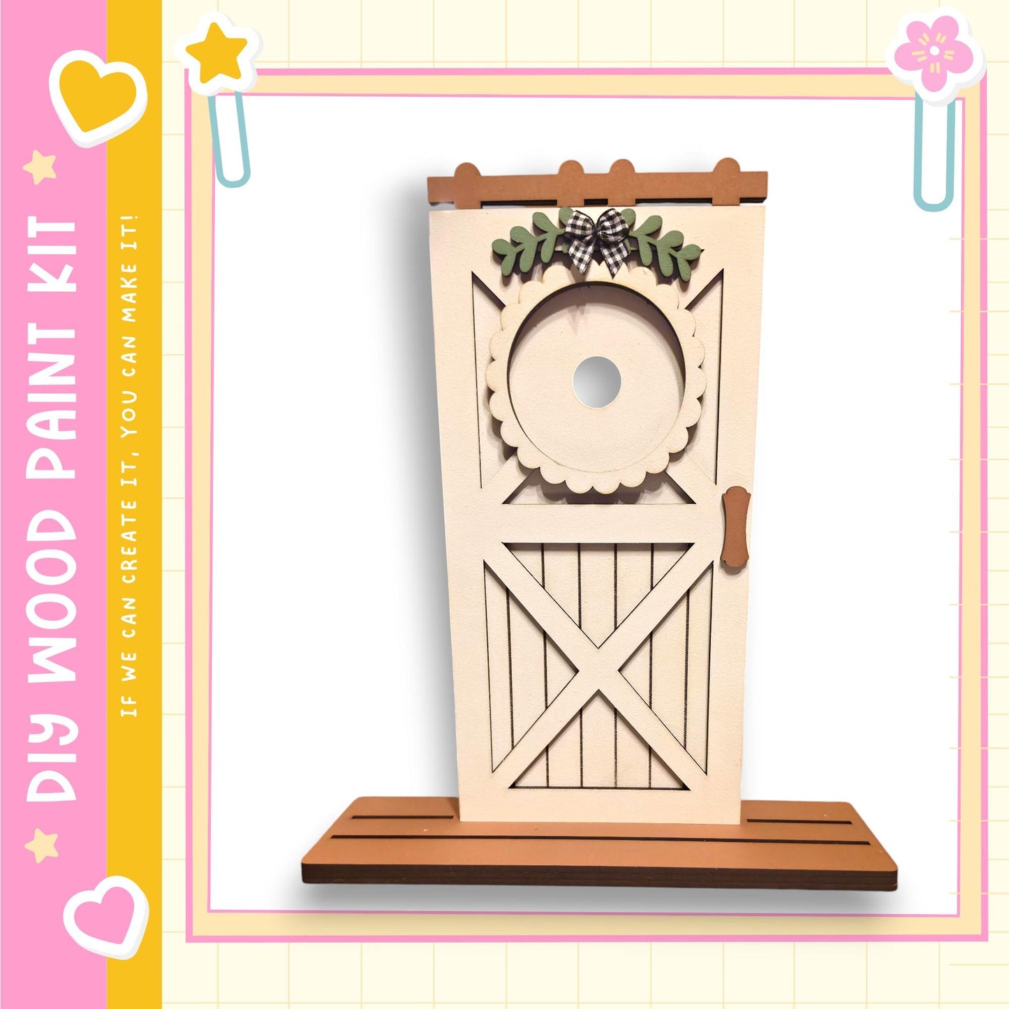 a wooden door with a decorative wreath and a bow on top, set against a pink and yellow background with a heart and star motif.