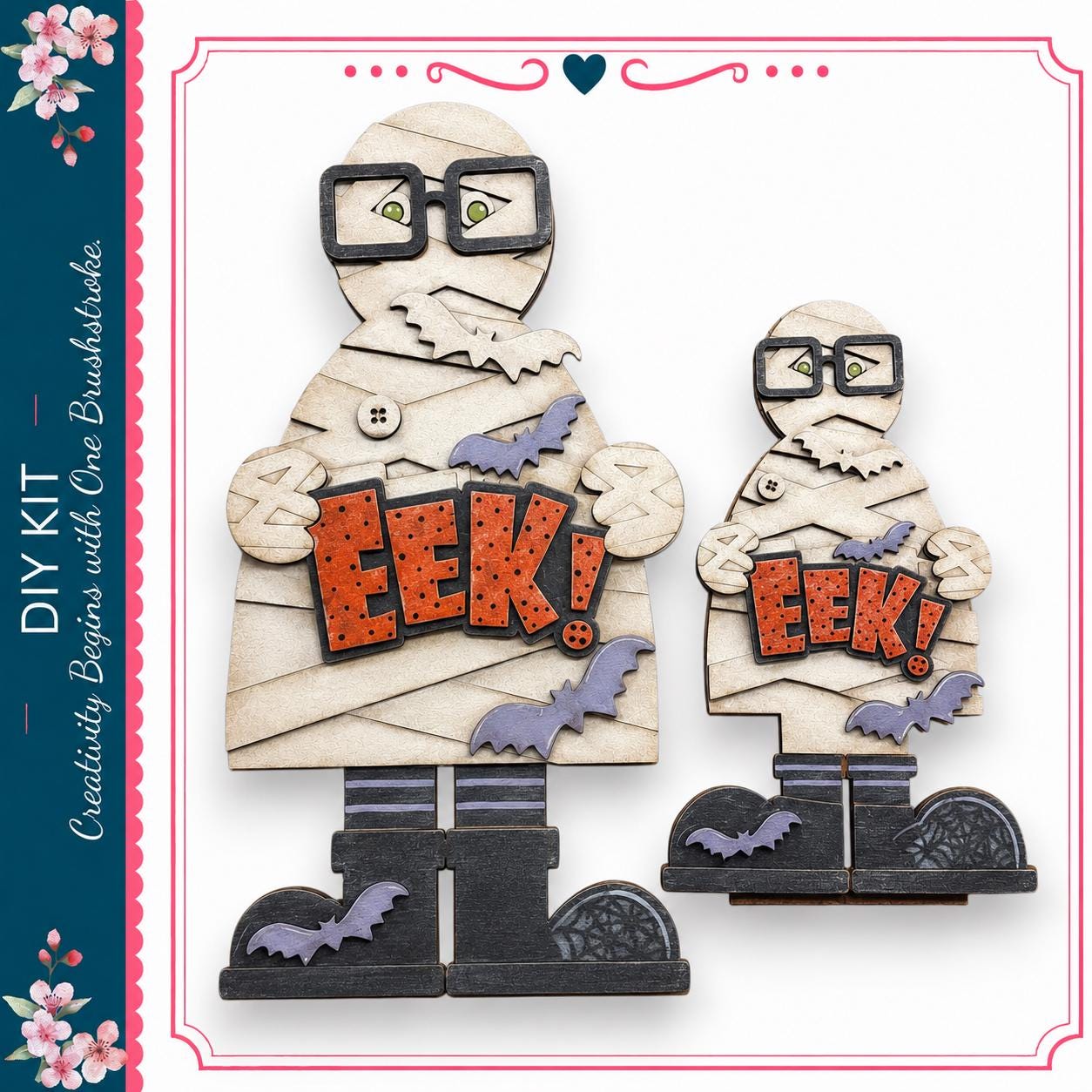 two wooden figures dressed as mummies, each holding a sign that says "EEEK!"