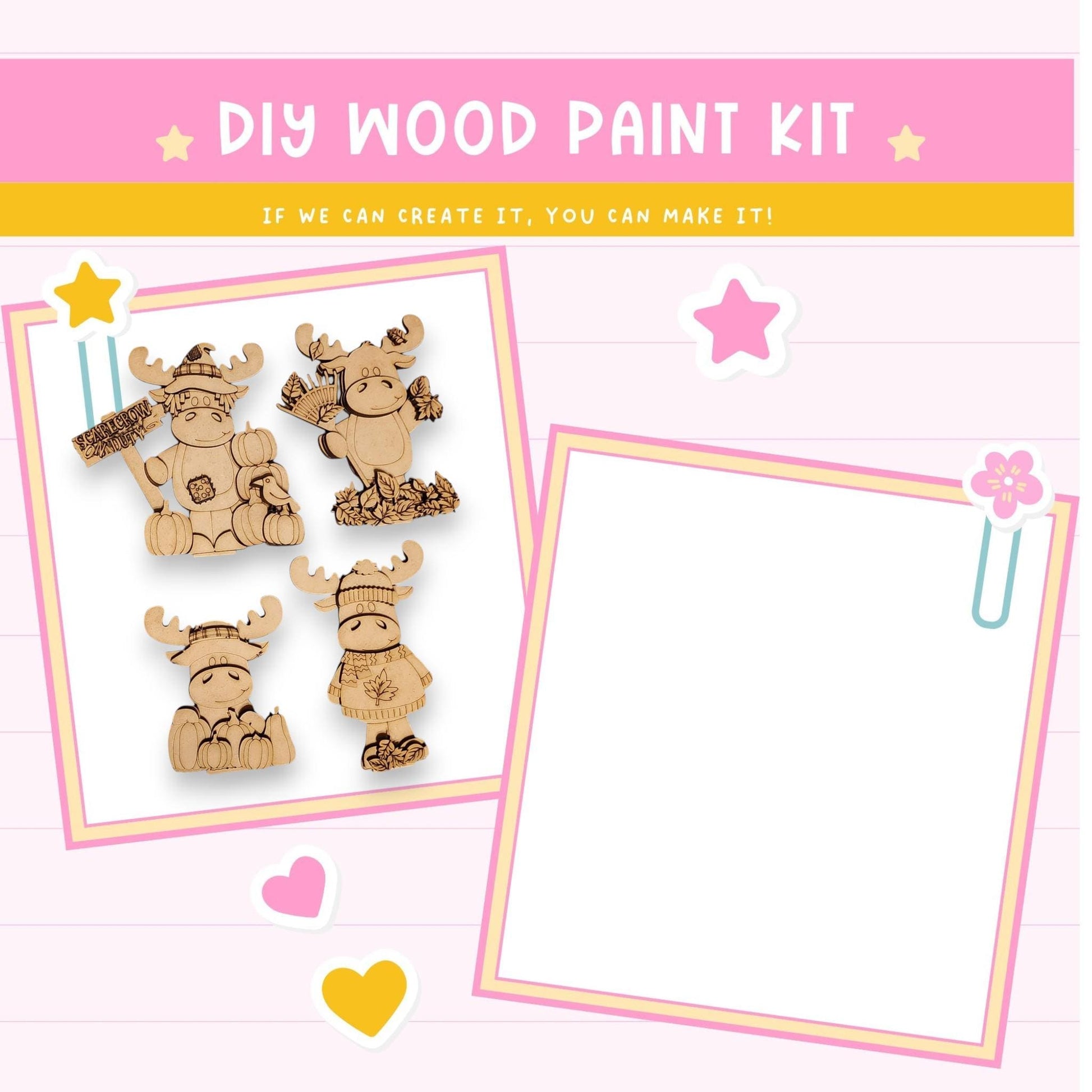 The image is a DIY wood paint kit featuring wooden animal figurines, including moose and deer, along with a blank frame. The kit appears to be designed for creating custom wooden decorations or art pieces.