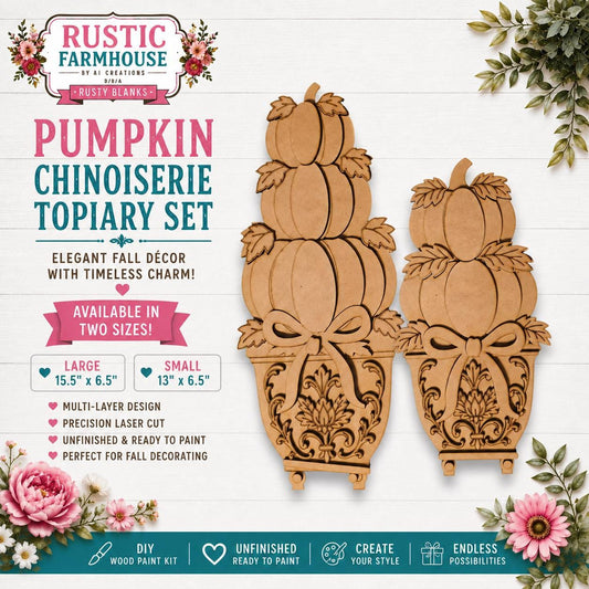 The image is an advertisement for a rustic farmhouse-themed pumpkin chinoserie topiary set. It features two wooden topiary pumpkin designs, one larger and one smaller, with decorative leaves and bows. The ad highlights the topiary set as an elegant fall decor item with timeless charm, available in two sizes, and includes a DIY wood paint kit for creating your own style.