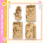 four wooden ornaments, each with a unique design, including a snowman, a jingle bell, a jolly, and a merry sign.