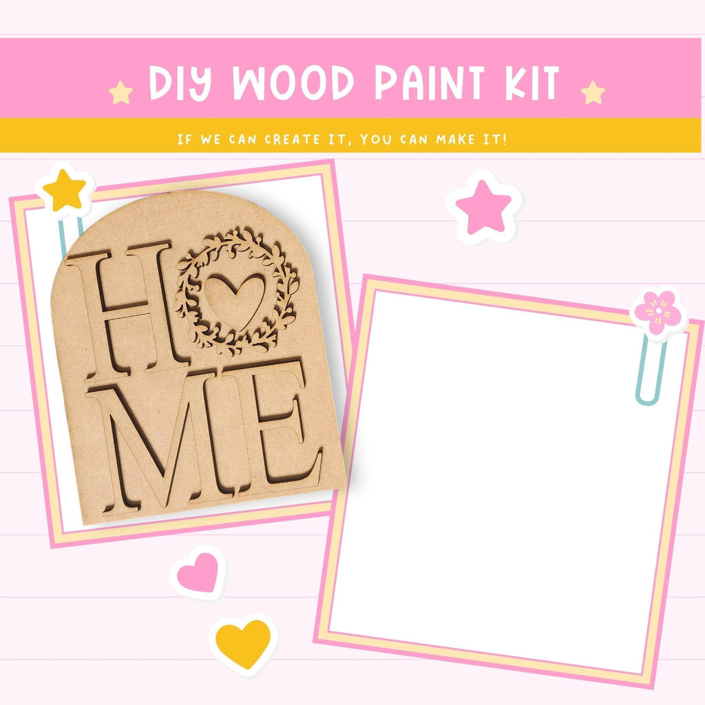 The image is a DIY wood paint kit advertisement, featuring a wooden sign with the word "HOME" and various decorative elements such as hearts and stars.