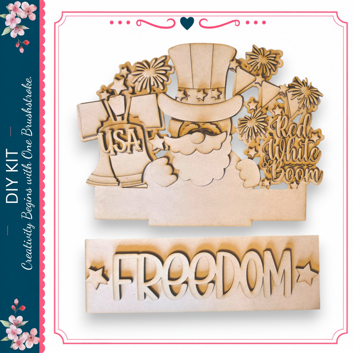 The image is a wooden craft kit featuring a patriotic design with a Santa Claus figure, fireworks, and the word "FREEDOM" prominently displayed.