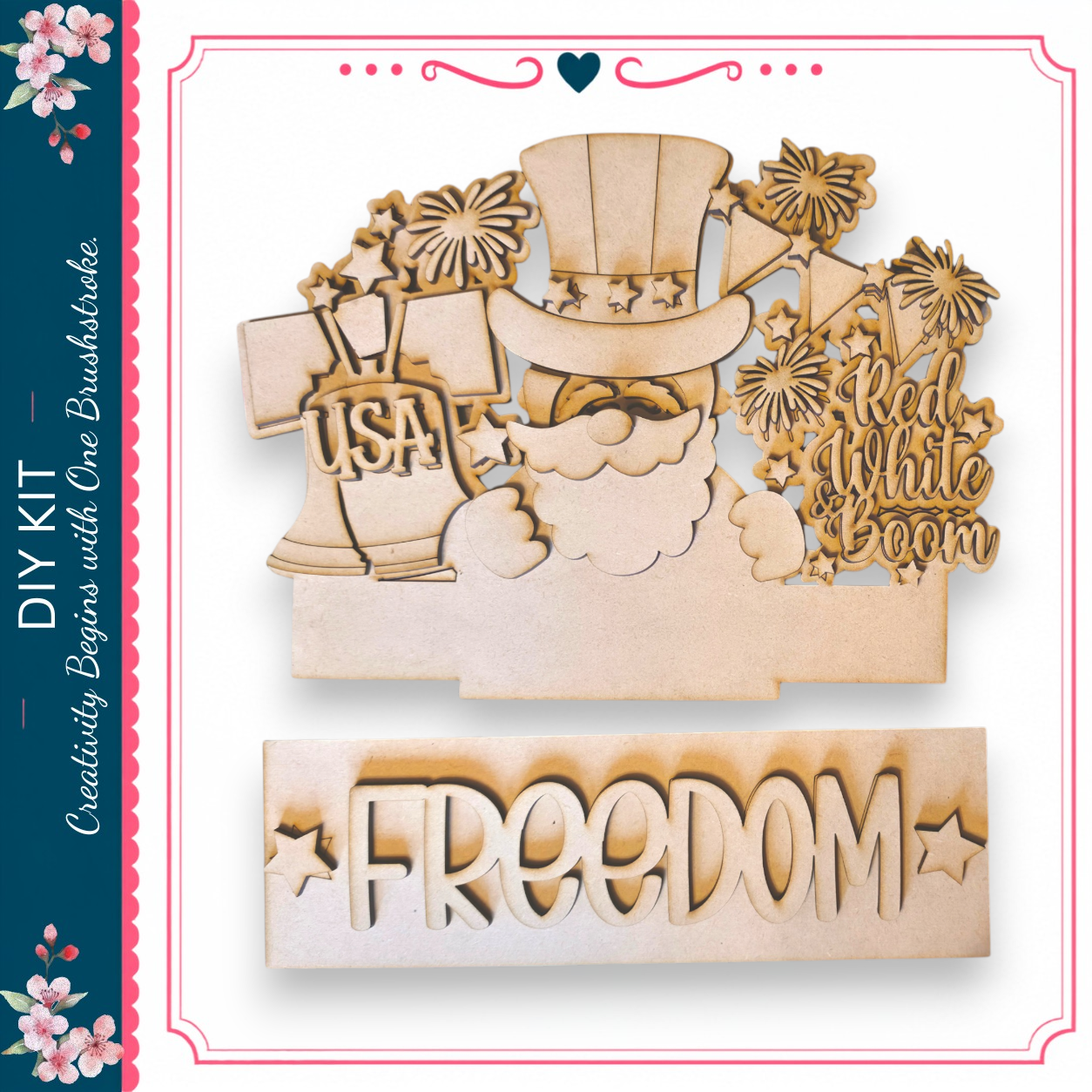 The image is a wooden craft kit featuring a patriotic design with a Santa Claus figure, fireworks, and the word "FREEDOM" prominently displayed.