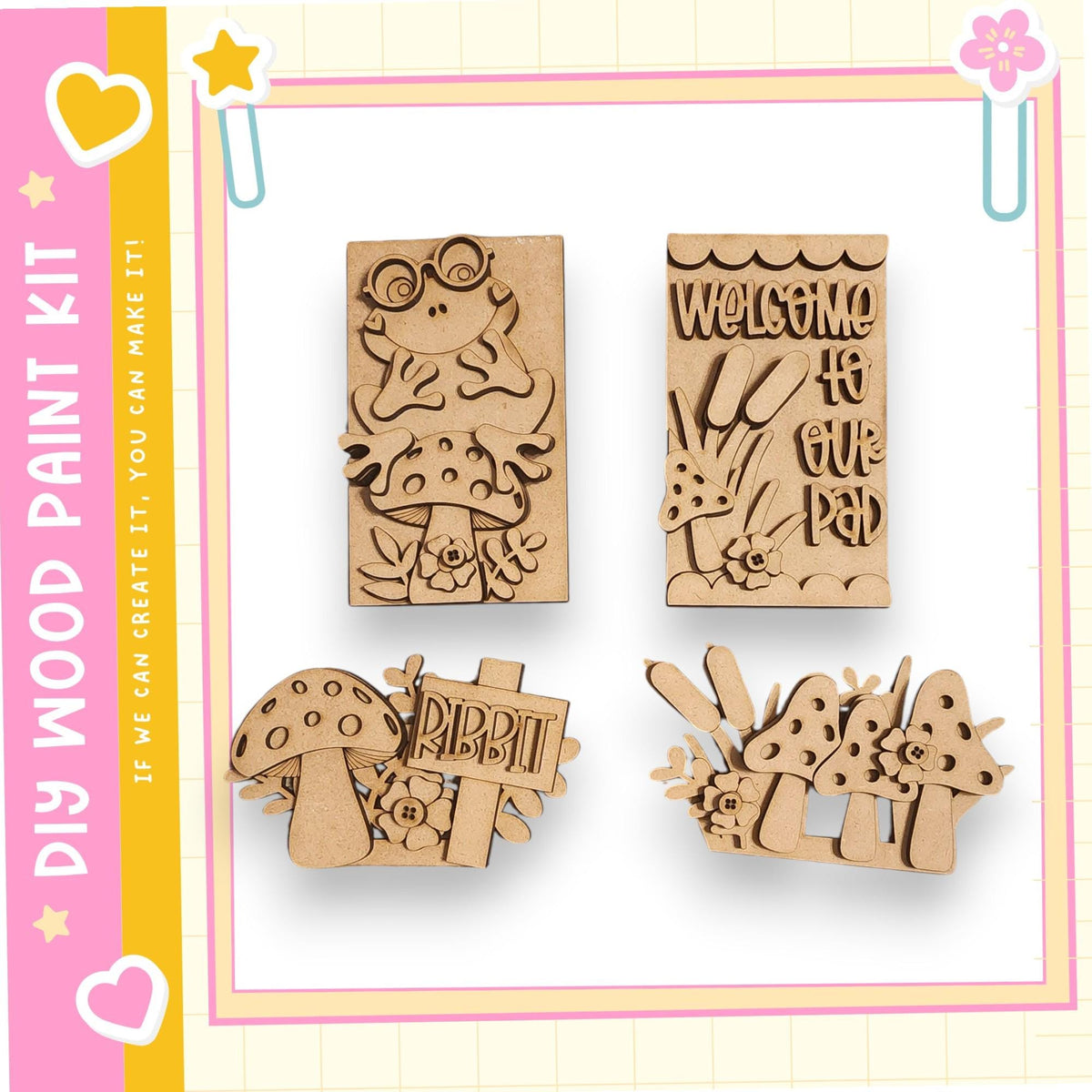 four wooden cutouts, each depicting a different mushroom-like creature, including a frog, a rabbit, and a bird. The cutouts are arranged in a square frame, with a pink and yellow border.