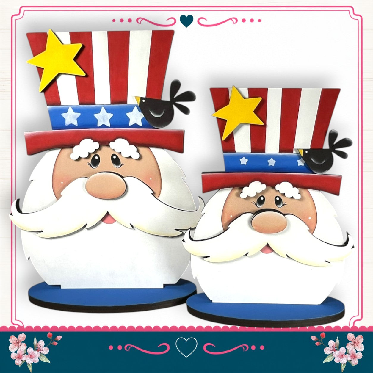 two cartoon-like Santa Claus figures wearing patriotic hats with stars and stripes, and a small bird perched on one of the Santa Claus figures.