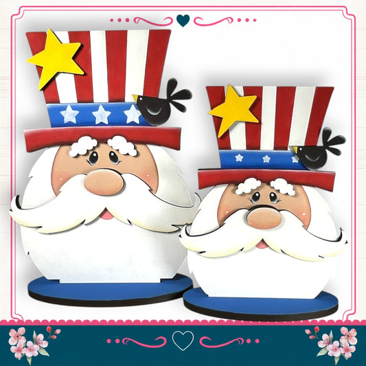two cartoon-like Santa Claus figures wearing patriotic hats with stars and stripes, and a small bird perched on one of the Santa Claus figures.