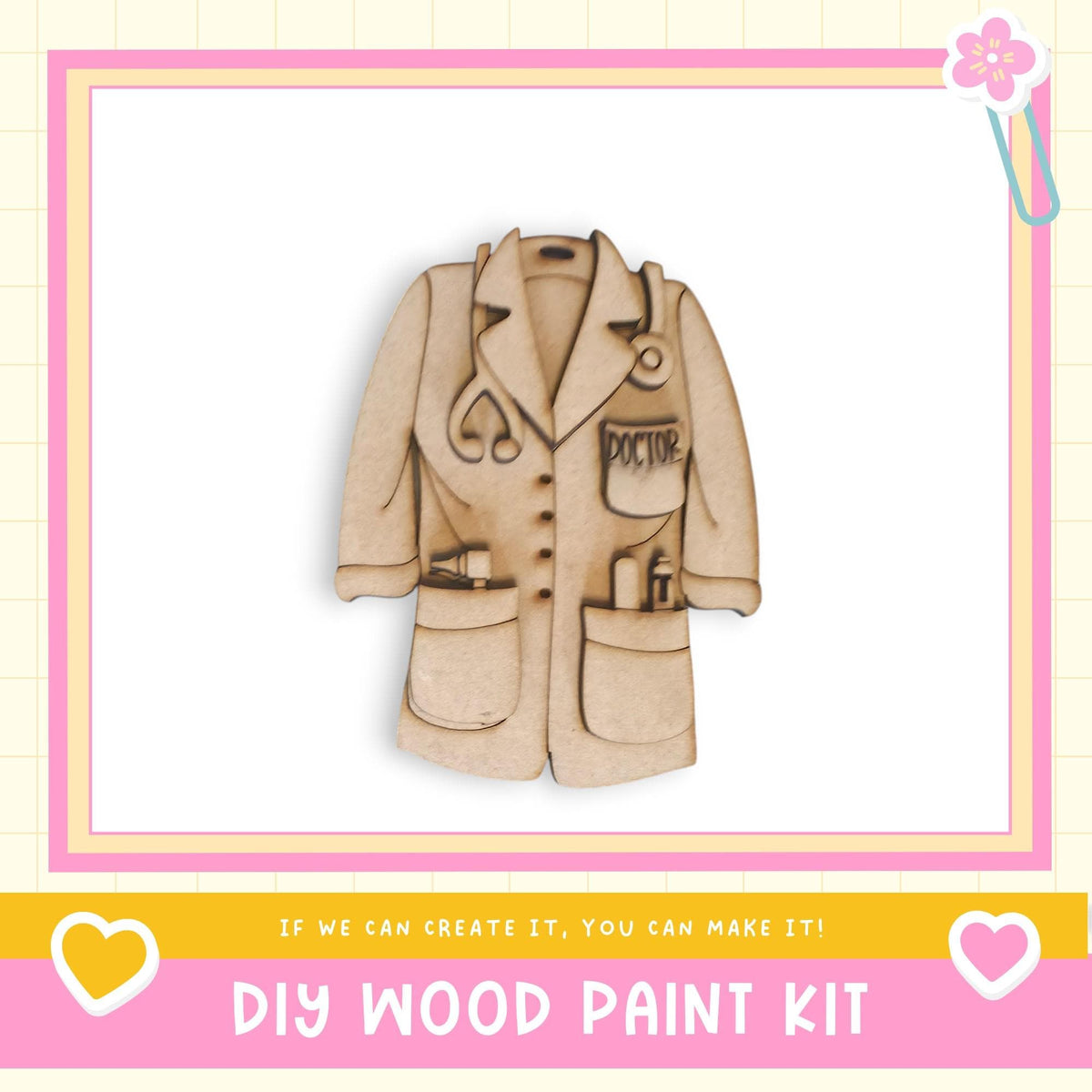 A wooden doctor's coat with pockets and a stethoscope, presented as a DIY wood paint kit.